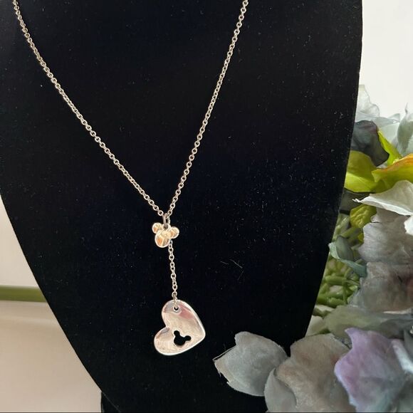 Mickey Mouse Heart SAQ Stamped Slide Drop Lariat Silver Tone Necklace - Picture 1 of 7